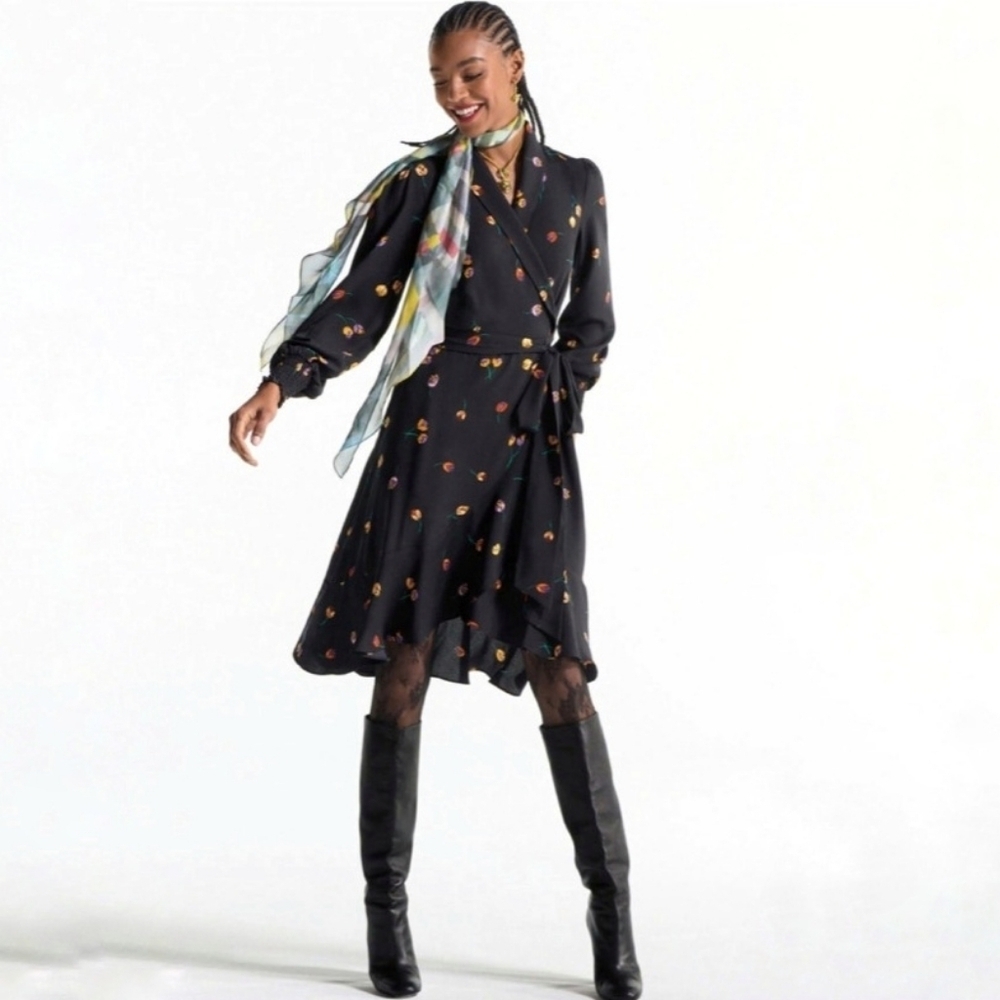 Cabi 4391 Divine Dress black floral wrap style midi size medium